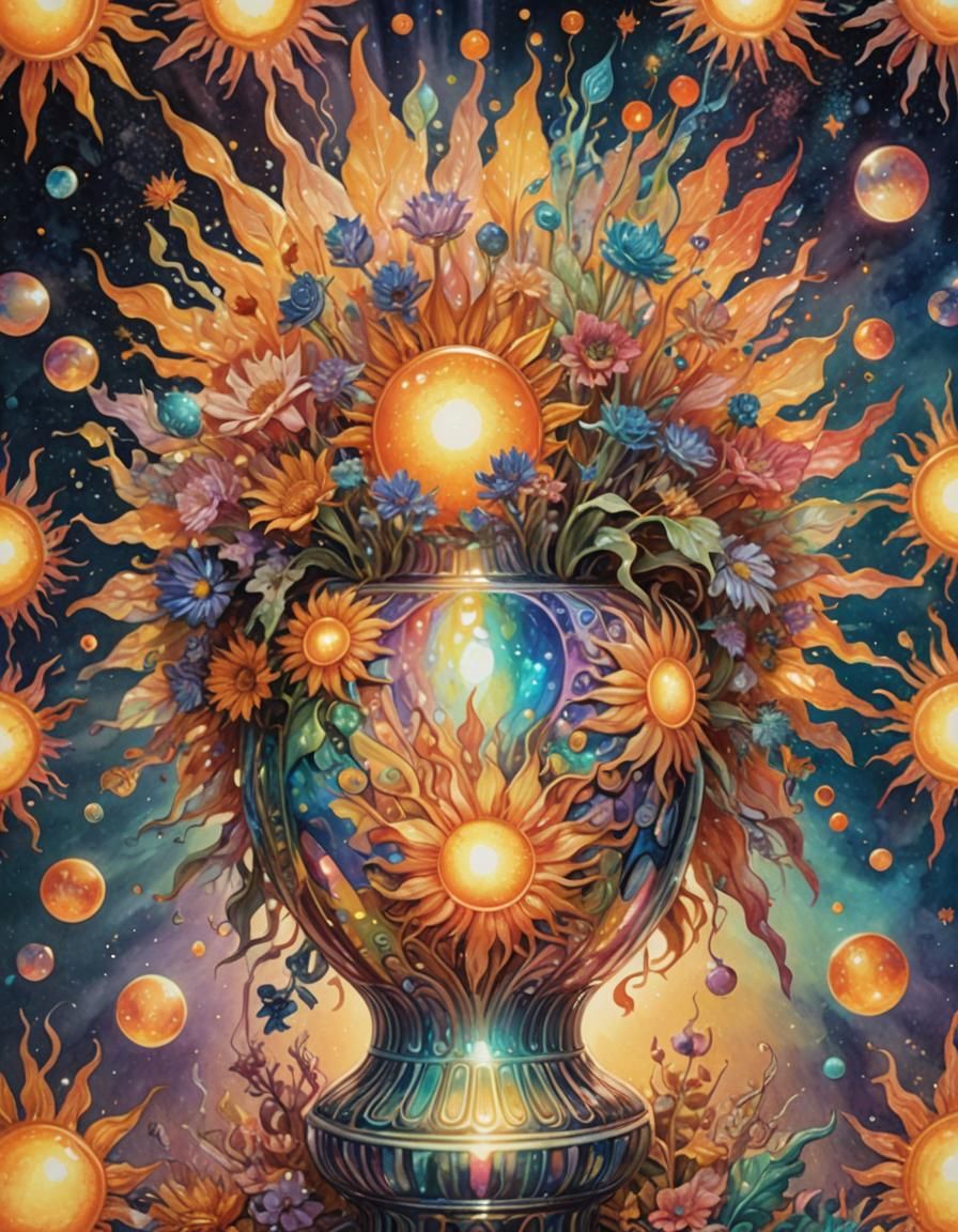 Vase decorated with hypermaximalist surreal photography  by @Dana