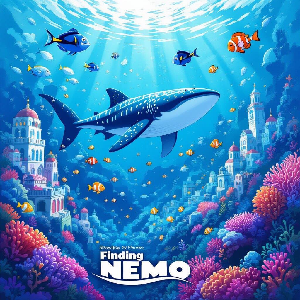 Reimagined movie poster for 'Finding Nemo': A vibrant coral reef is depicted as a bustling, celebratory ...  by @Deborah Sutton