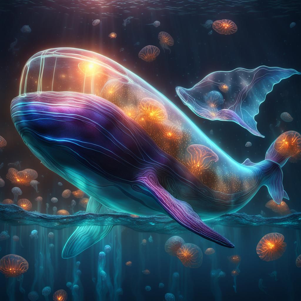 Underwater view of a huge fantastical glowing transparent gl...