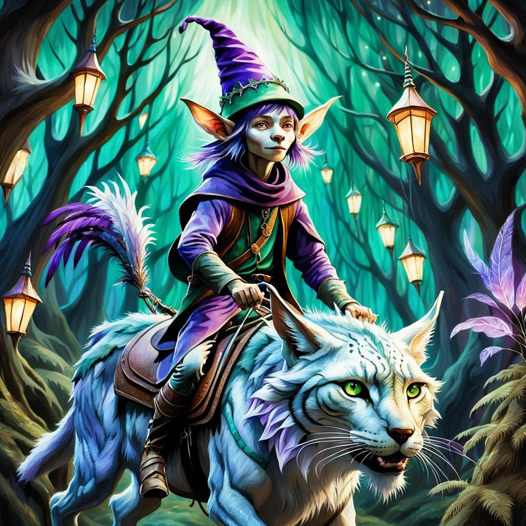 An elf-like character with pointy ears, a purple hat and colorful feathers rides on the back of a large lynx in an even more imaginative set...