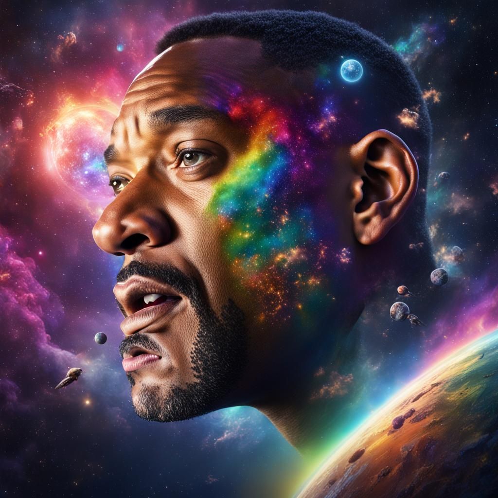 Gargantuan rainbow Will Smith head floating in outer space devouring stars and galaxies.