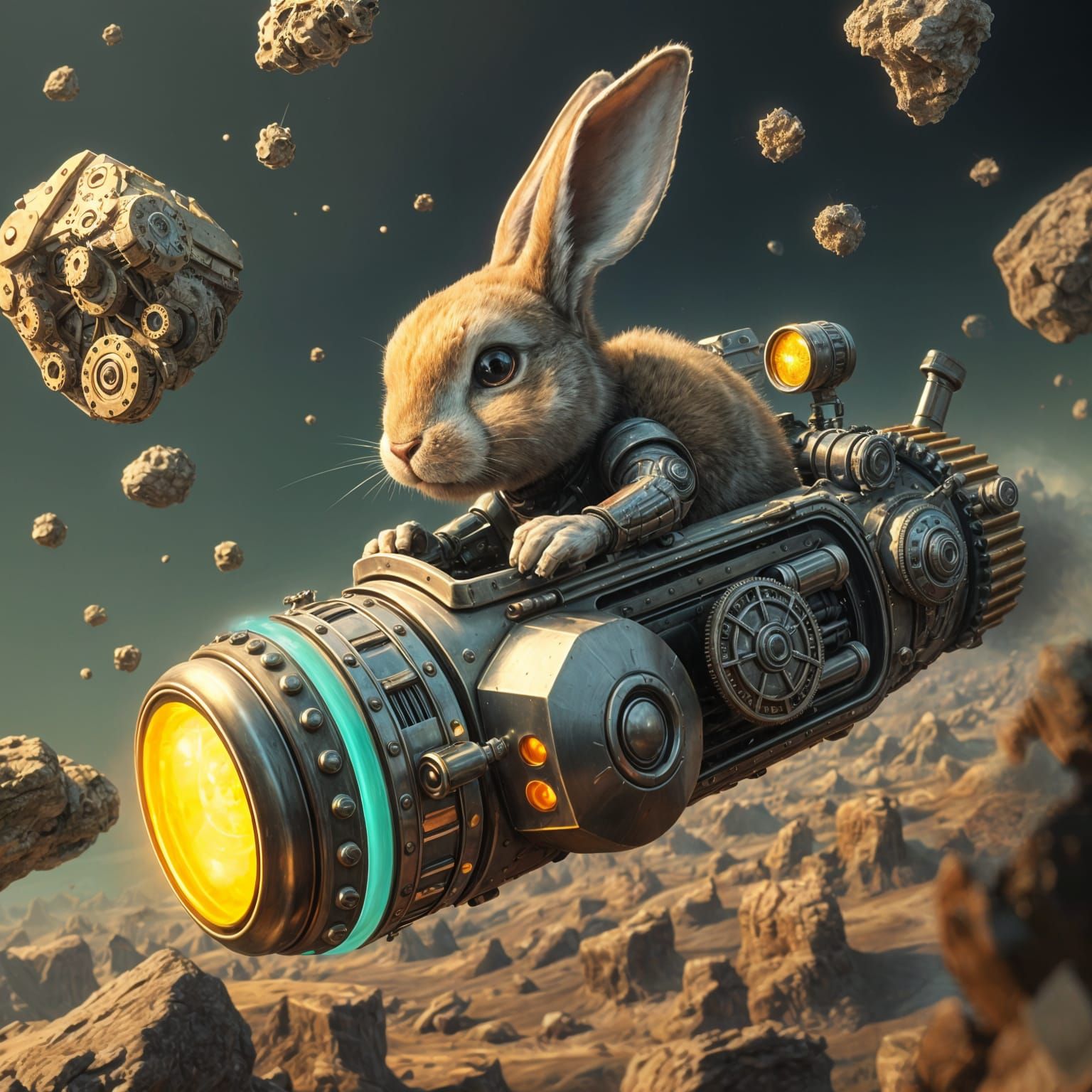 A robotic bunny, its metallic fur gleaming in the light, pilots a steampunk spaceship through an asteroid ...  by @Stefan Wiechert