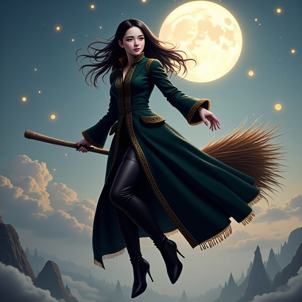  <lora:Maxi Flash:1.0>flying on a broom