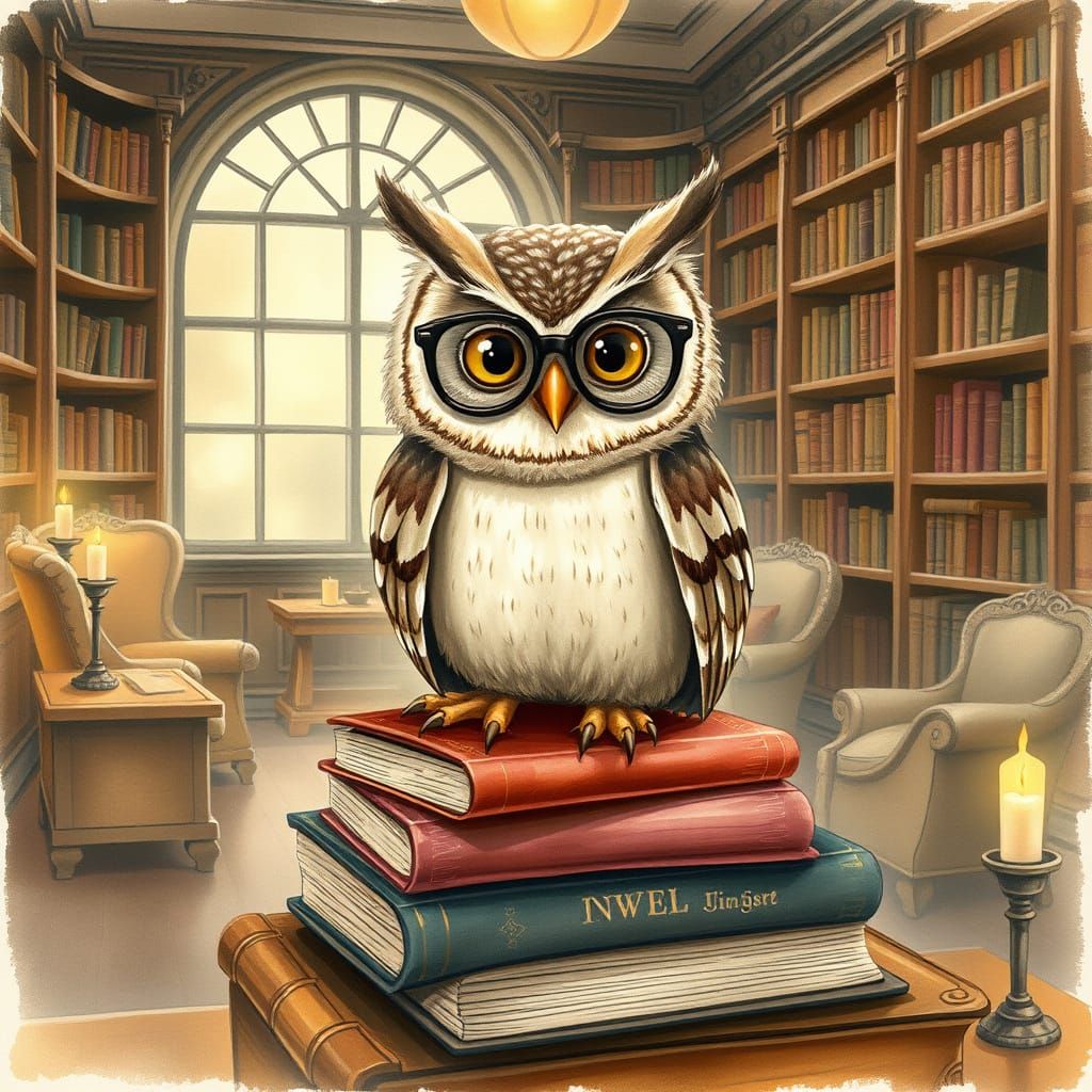 A wise old owl wearing a tiny pair of spectacles, sitting on a stack of leather-bound books in a cozy library filled with antique furniture ...