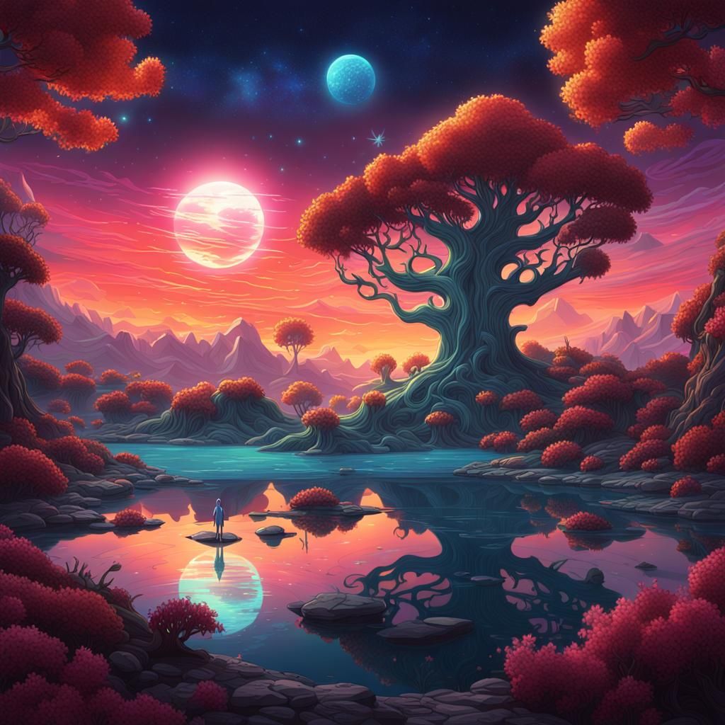 A fantastic landscape with alien trees and shrubs that glow ...