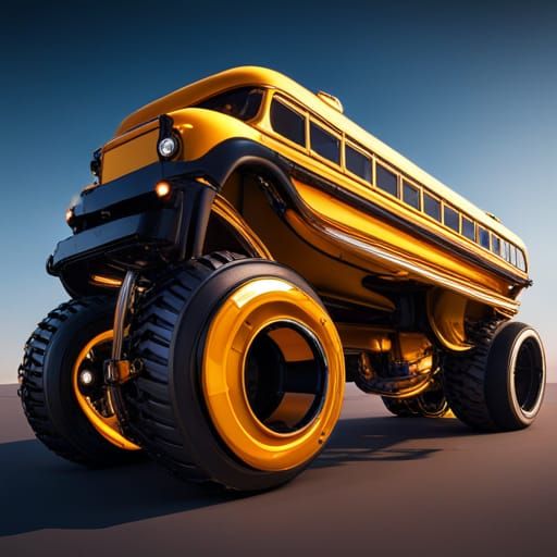 A school bus with monster truck wheels, it should look very cool and