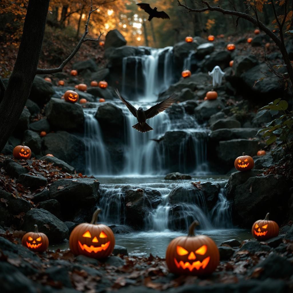 Pássaro voando entre cachoeiras