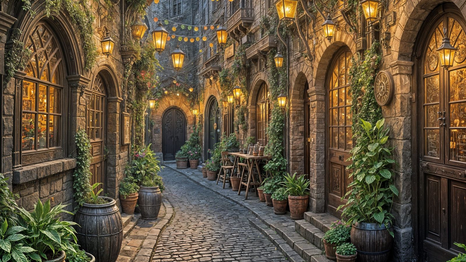 Vibrant Bohemian City with Fantasy Tavern, Digital Art