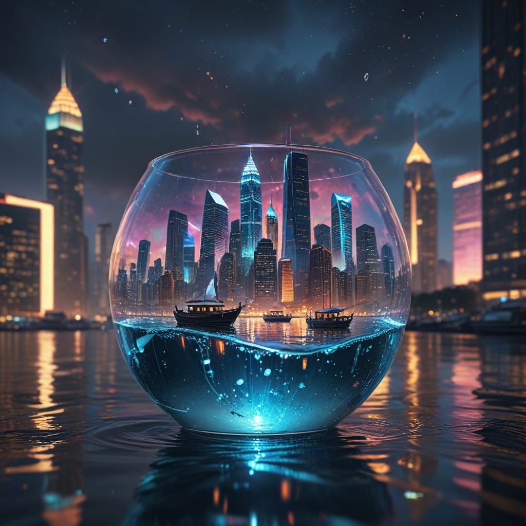 Fantasy Cityscape Inside Glass Of Water Oil Painting