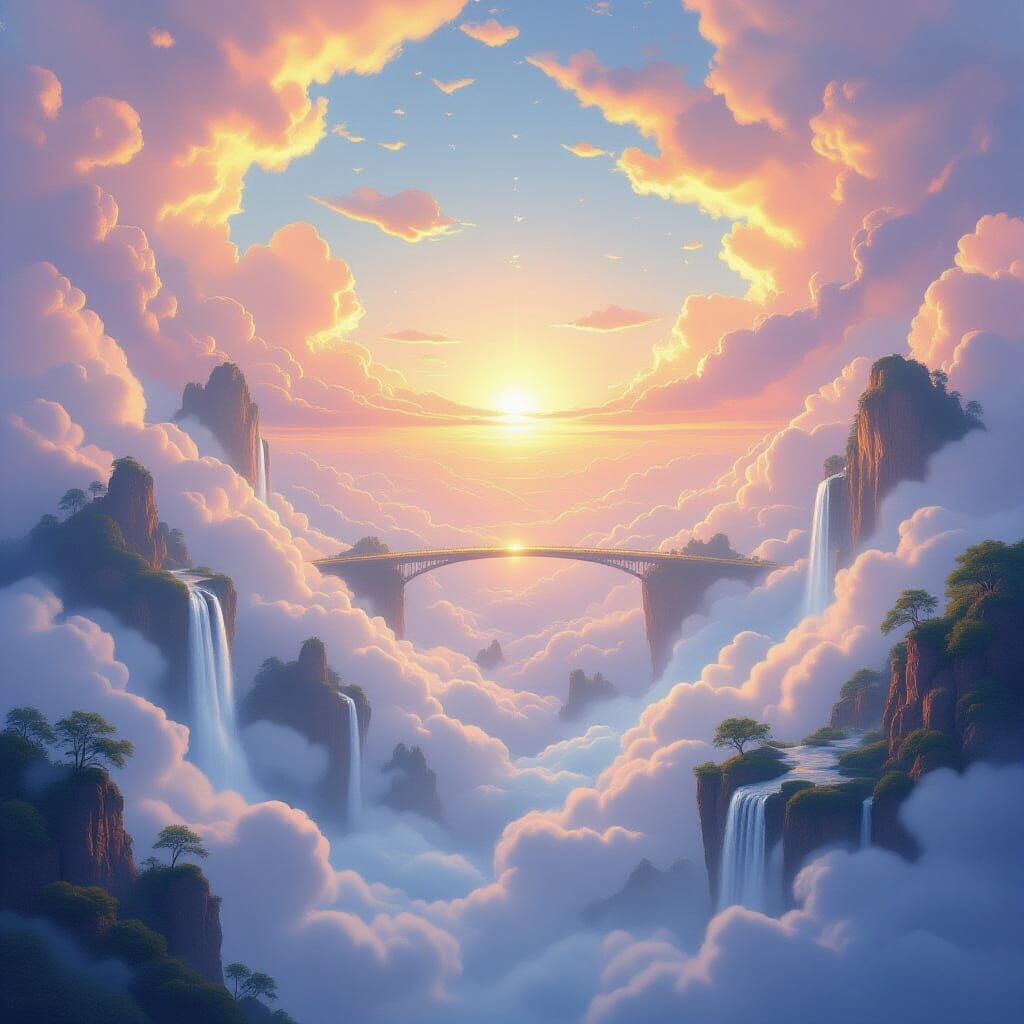 Dreamlike Sea of Light with Floating Islands and Celestial B...