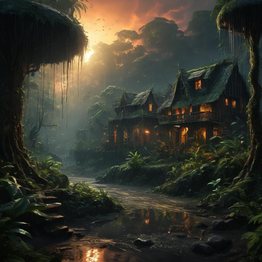 Dark Fantasy Art enchanted magical rain forest, surreal sunset, strikingly beautiful central american villager, mixed media, deviant art , 8...