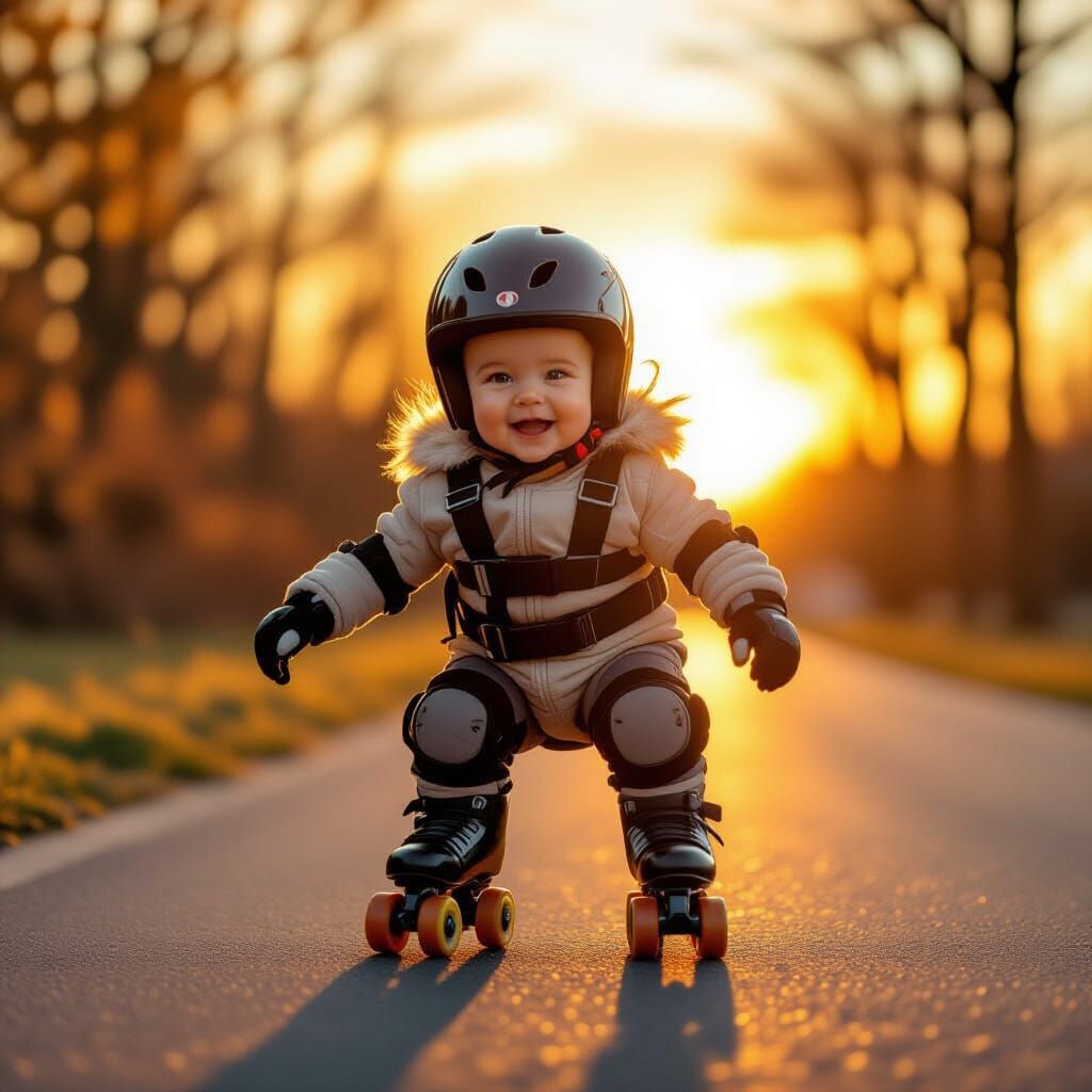 תינוק חמוד וקטן נוסע על רולרים בשעת זהב בשקיעה 