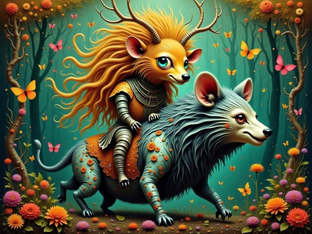 hybrid animal riding on an another hybrid animal <lora:Zeste-Citron hybrid1:1.0>