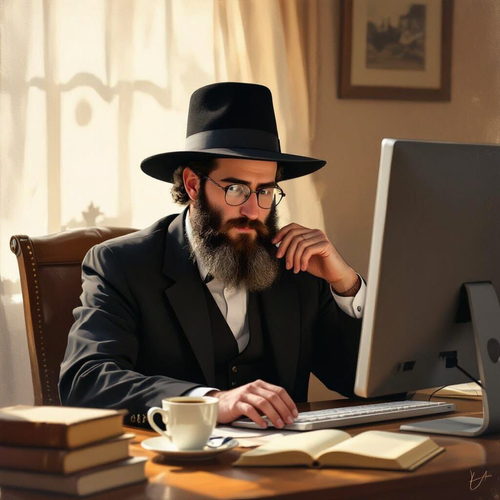 Haredi Man Studying at Computer with Coffee and Books