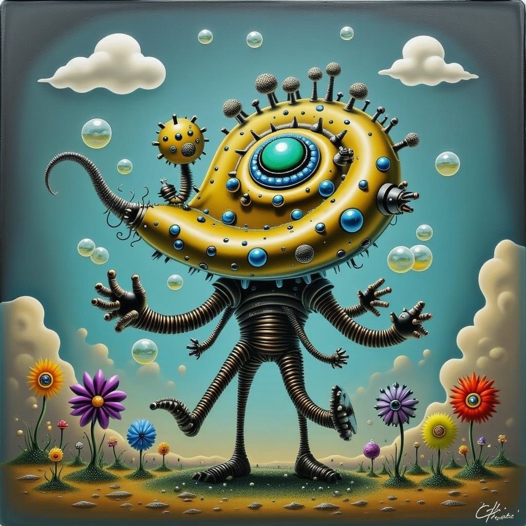 <lora:FERROFLUID FACTORY:1.0> Dainty whimsical robot blowing...