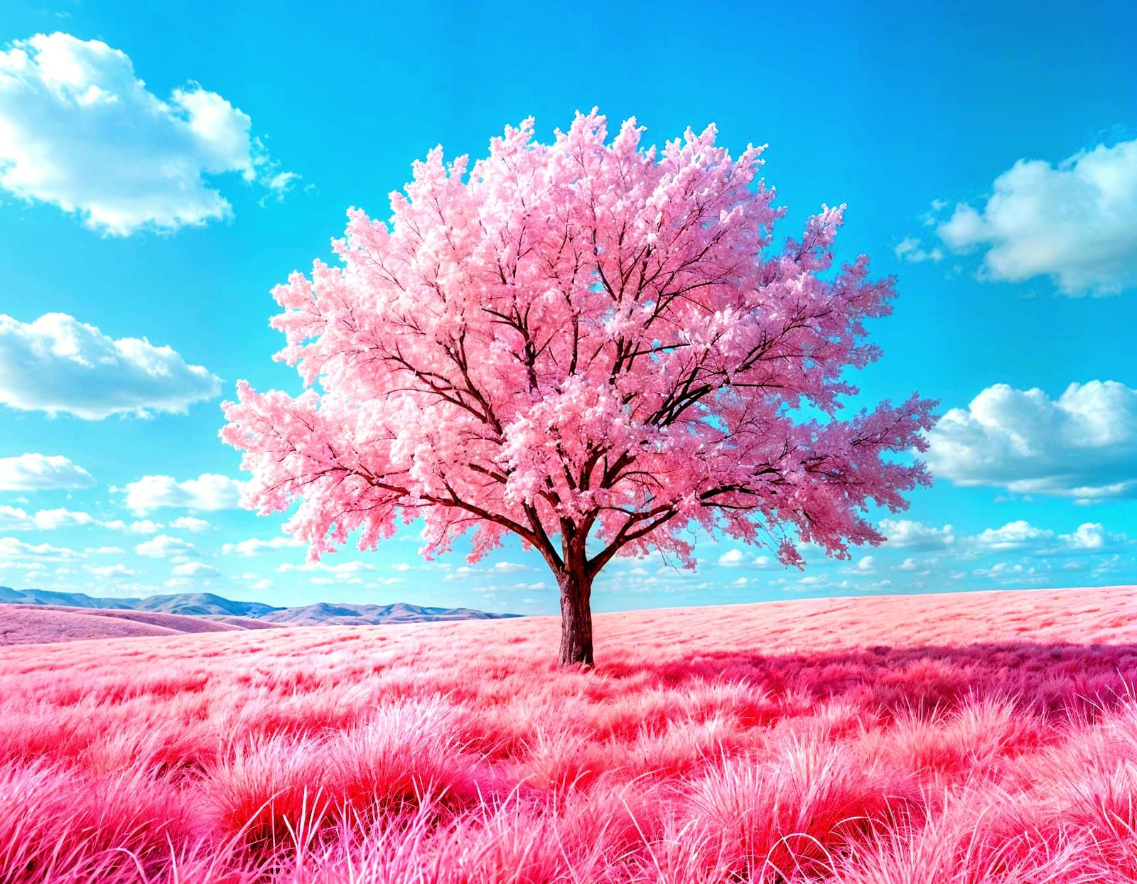Hyper-Realistic White Tree in Pink Grass