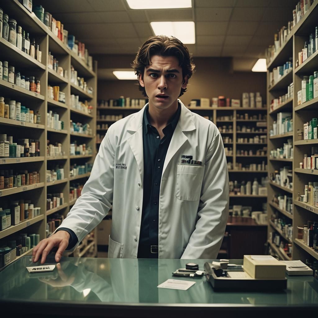 A teenage male brunette pharmacy tech terrified of a dangero...