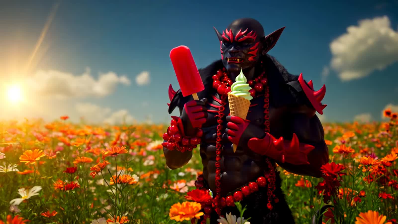 Demonic Demon licking an ice-cream in a field of flowers in the summer sun.