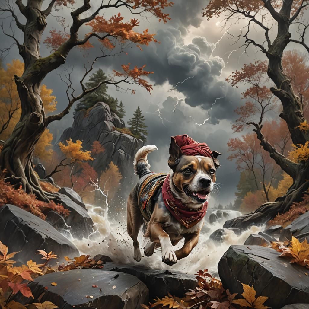 Dog Running from Floating Rock in Autumn Landscape