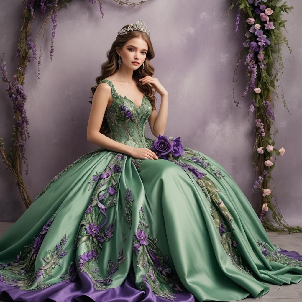 beautiful girl in a green fantasy ball gown next to a beauti...