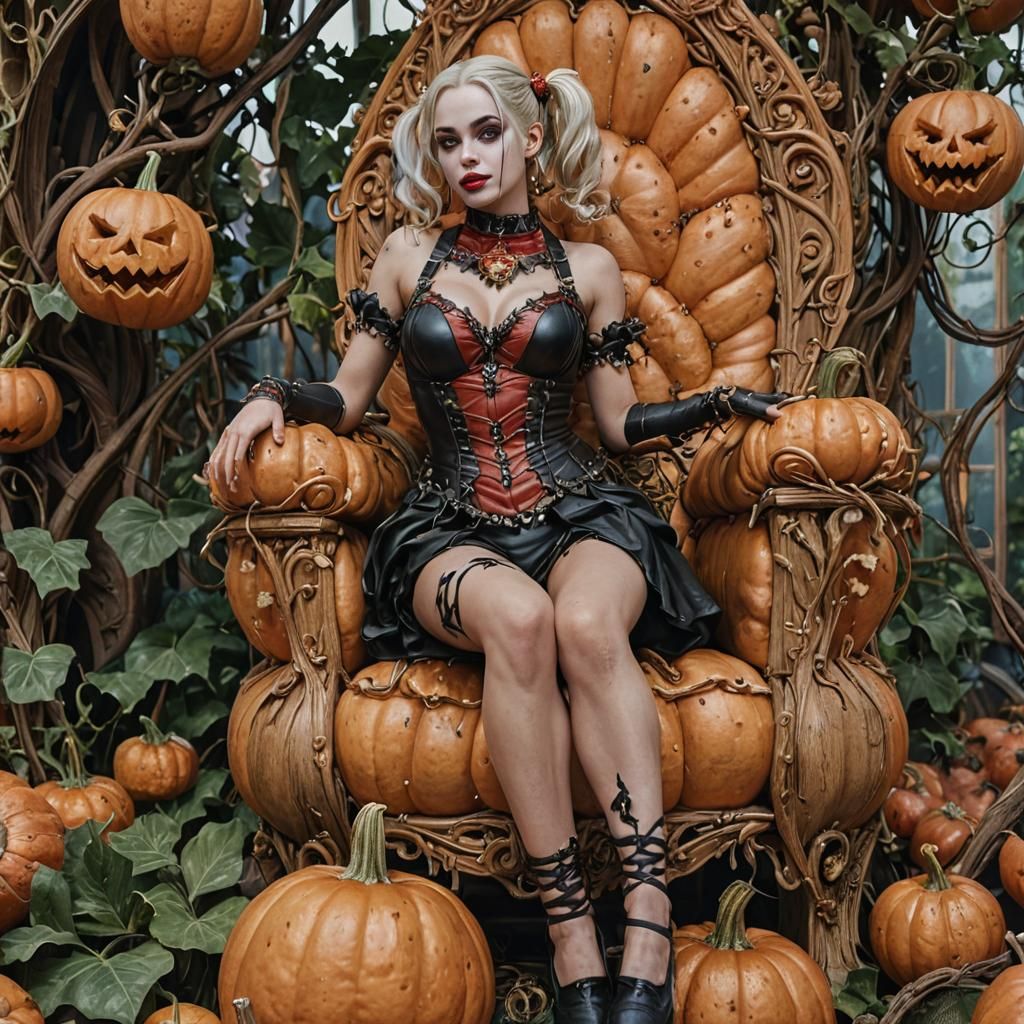 Create art Of an Elven Harley Queen Model sitting on a 