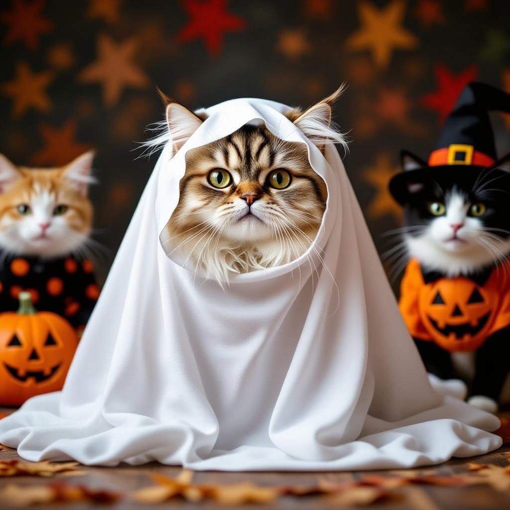 Photograph.wide shot. Close-up. A fluffy Persian cat wearing a ghostly white sheet with eyeholes cut out, looking startled. The background h...