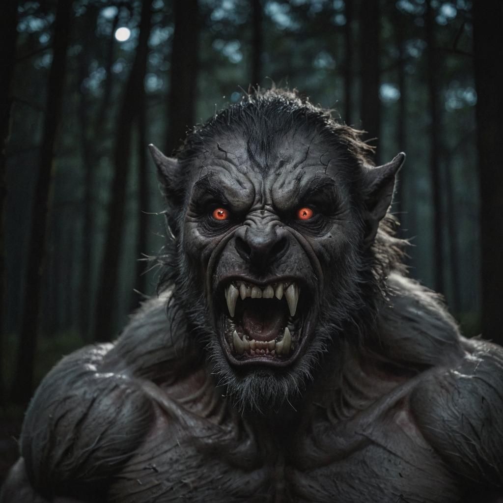 Huge muscular grey Werewolf under a full moon baring fangs and ready to attack in  a dark forest illuminated only by a flashlight. Eyes appe...
