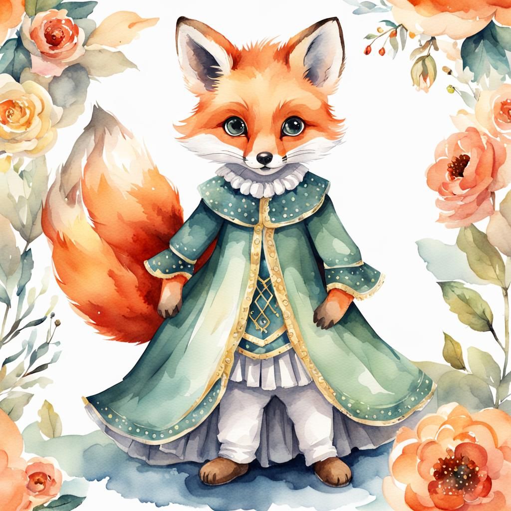 cute fox cub with big eyes in a beautiful costume at the bal...
