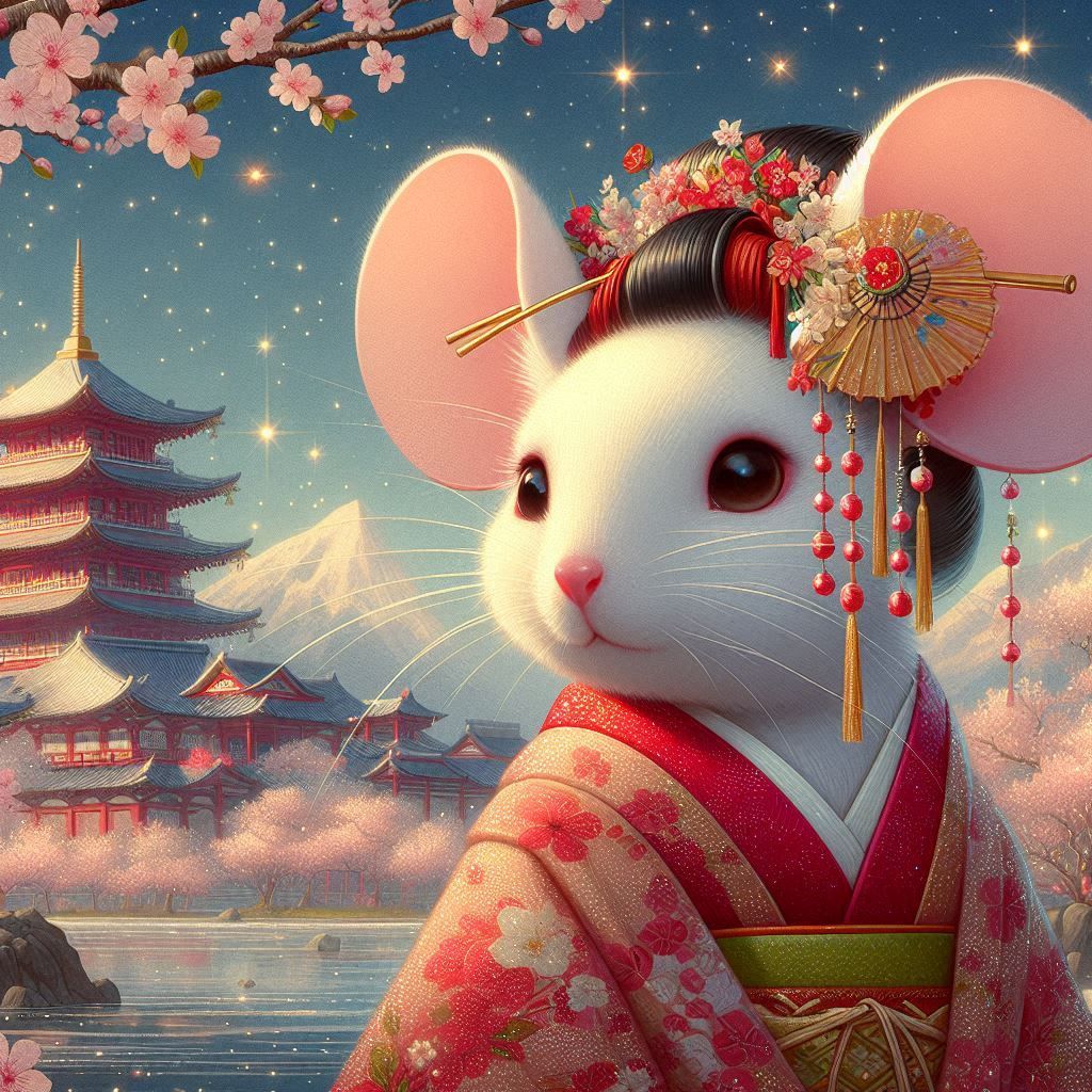 Mouse dressed as a geisha