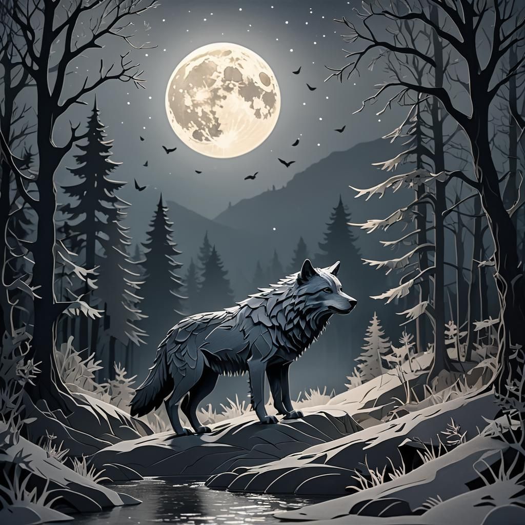 Kirigami night of a big beautiful grey wolf howling at the m...