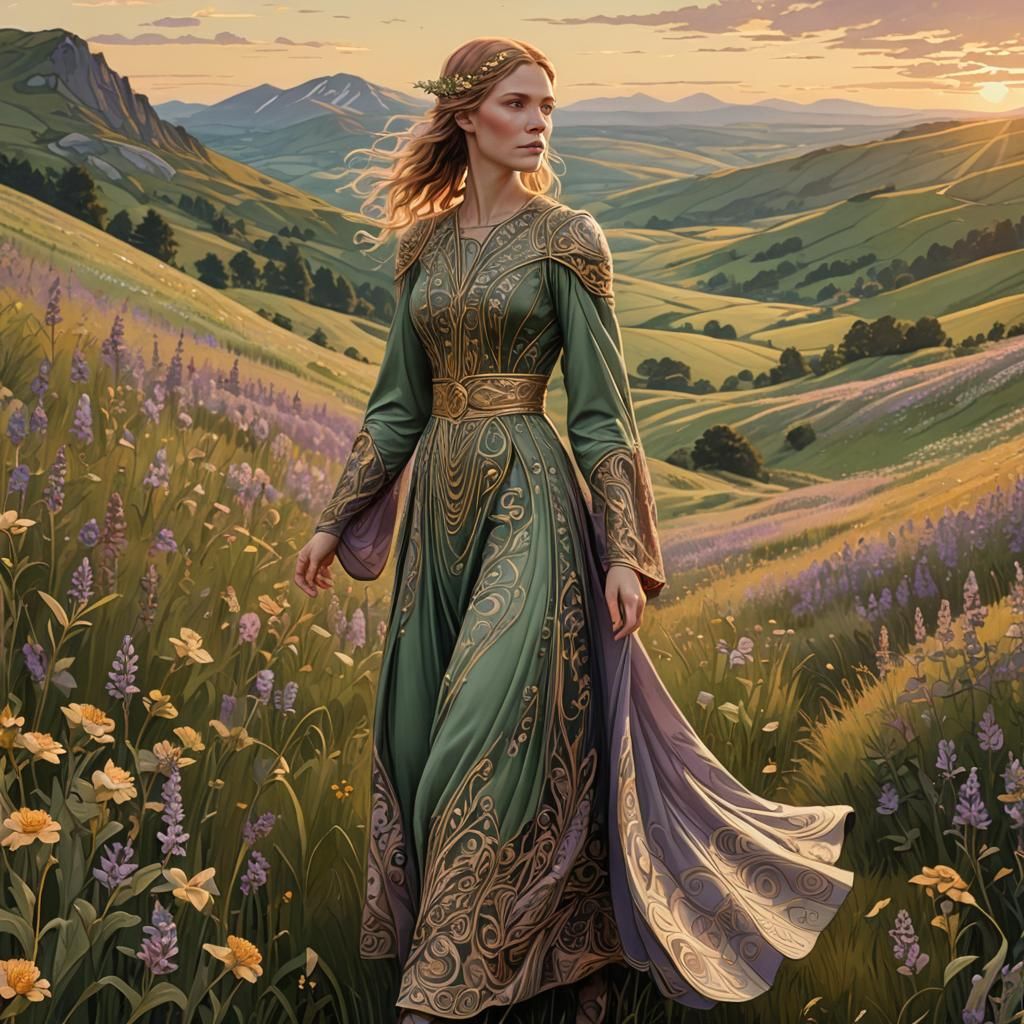 A beautiful woman walking through a field of wildflowers 