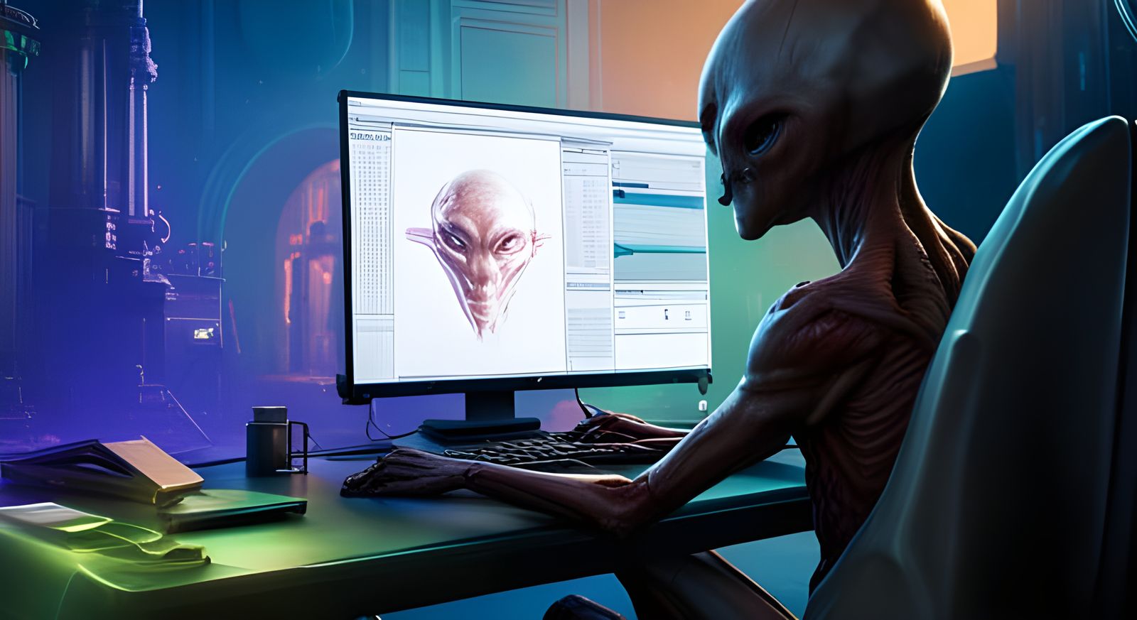 Alien sitting at a computer detailed matte painting, deep color ...