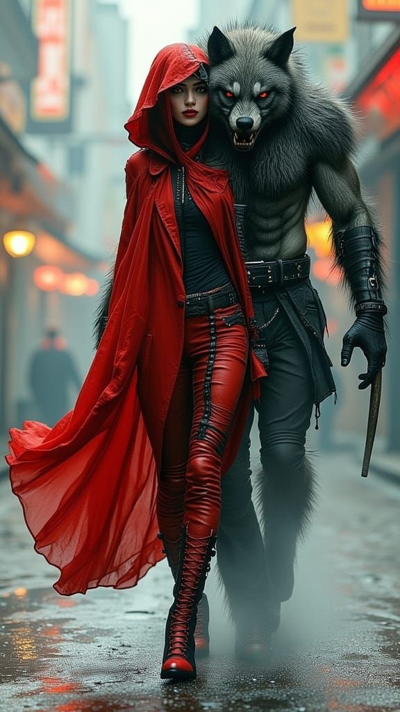 <lora:Double Photoreal v2:1.0> <lora:Dark Portraits:1.0>   Both Little Red Riding Hood and a muscular  Wolfman/Werewolf walking towards the ...
