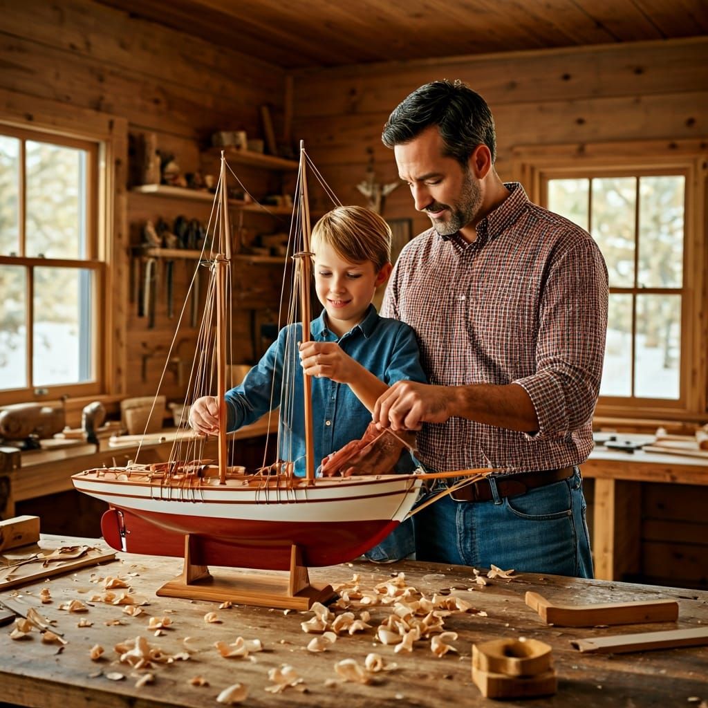 A father and his son assemble a model sailboat  by @AI IRISKA