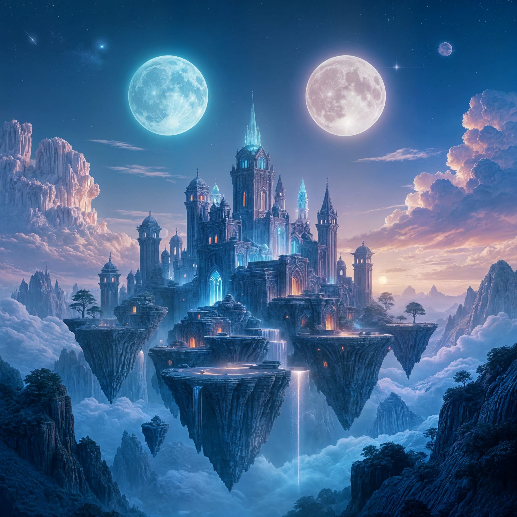 An isolated, serene cityscape built upon a series of interconnected floating islands, bathed in the ethereal glow of twin moons. The archite...