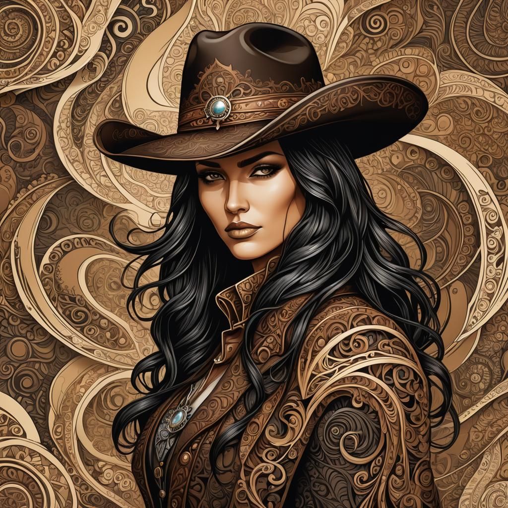 Curvy, Long black hair, brown cowboy hat, gunslinger, wild west  by @Jen Jay