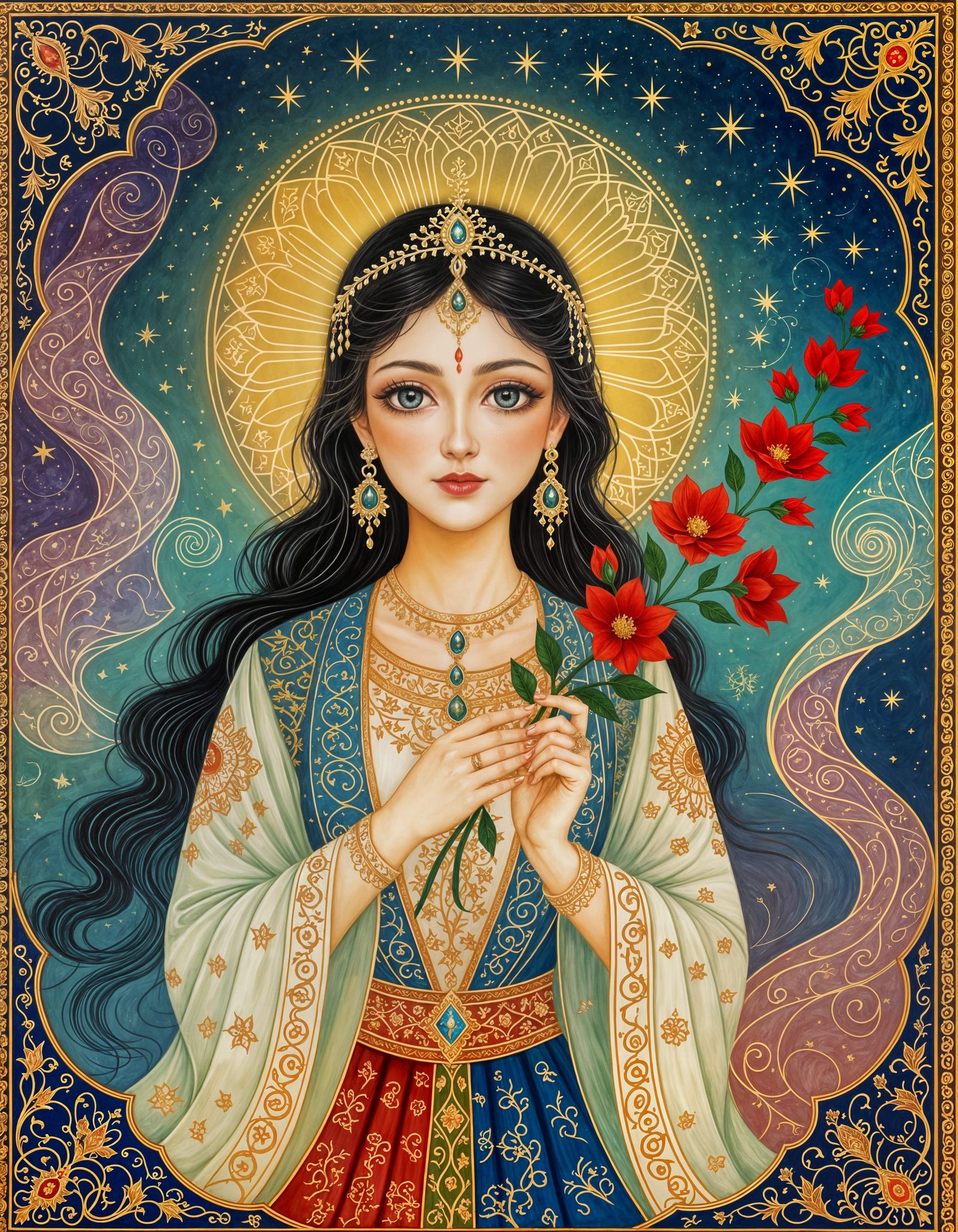 A miniature Persian depiction of a mystical angel, holding a red flower branch in her hand with changing ...  by @Naghshe Jahan