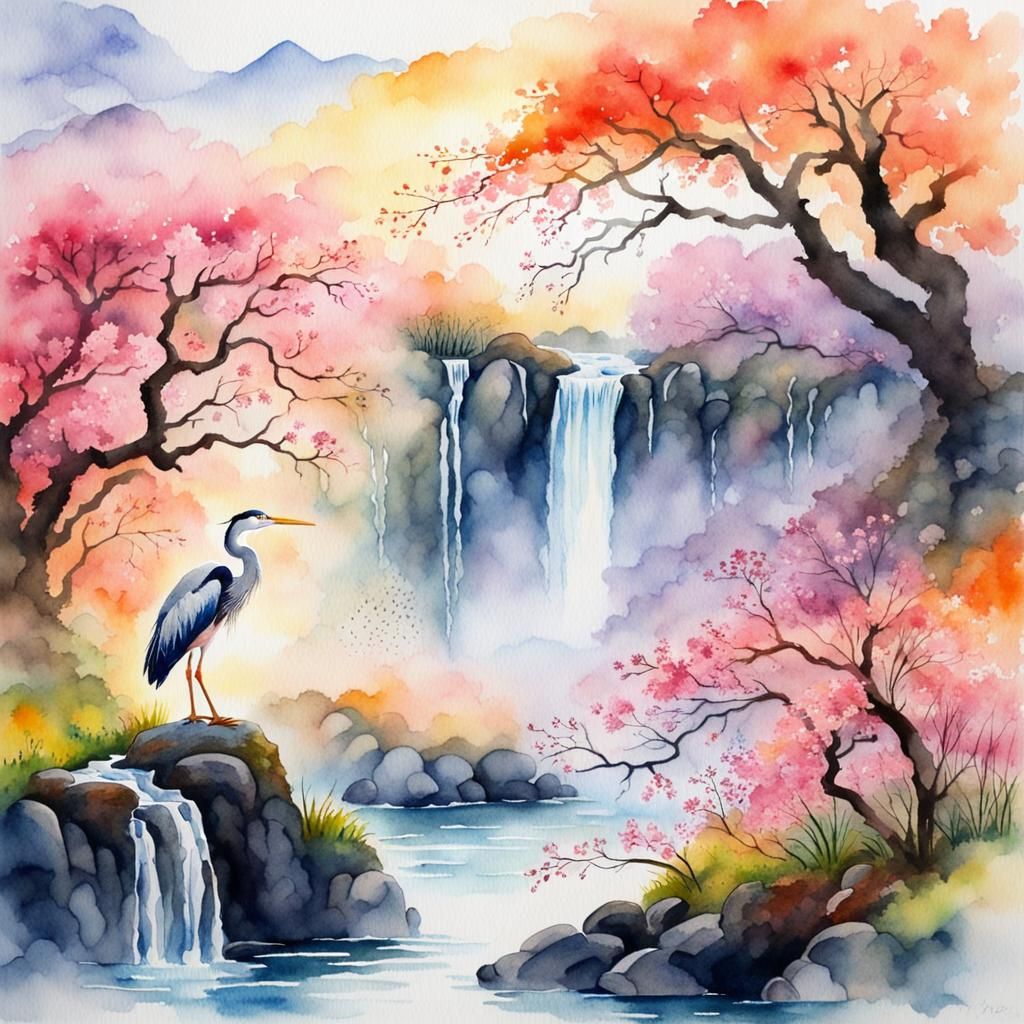 Heron watercolor, spring.  by @BelgiumJumpAI