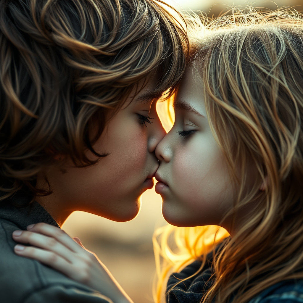 Tender Kiss in Golden Light: A Hyperrealistic Portrait