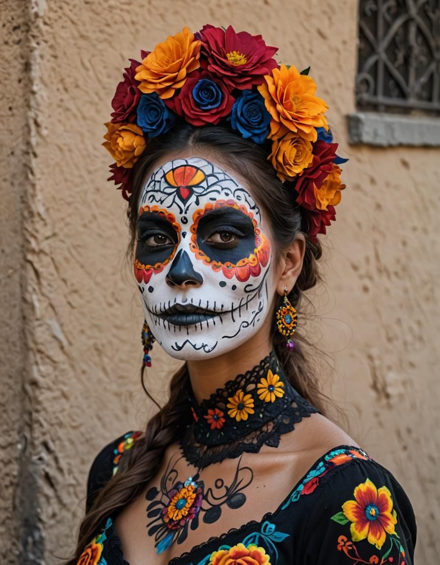 Shot of a beautiful woman wearing colorful Día de los Muerto...