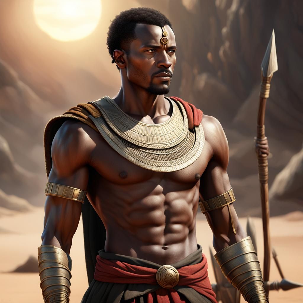 male shirtless Ethiopian warrior in ancient Africa