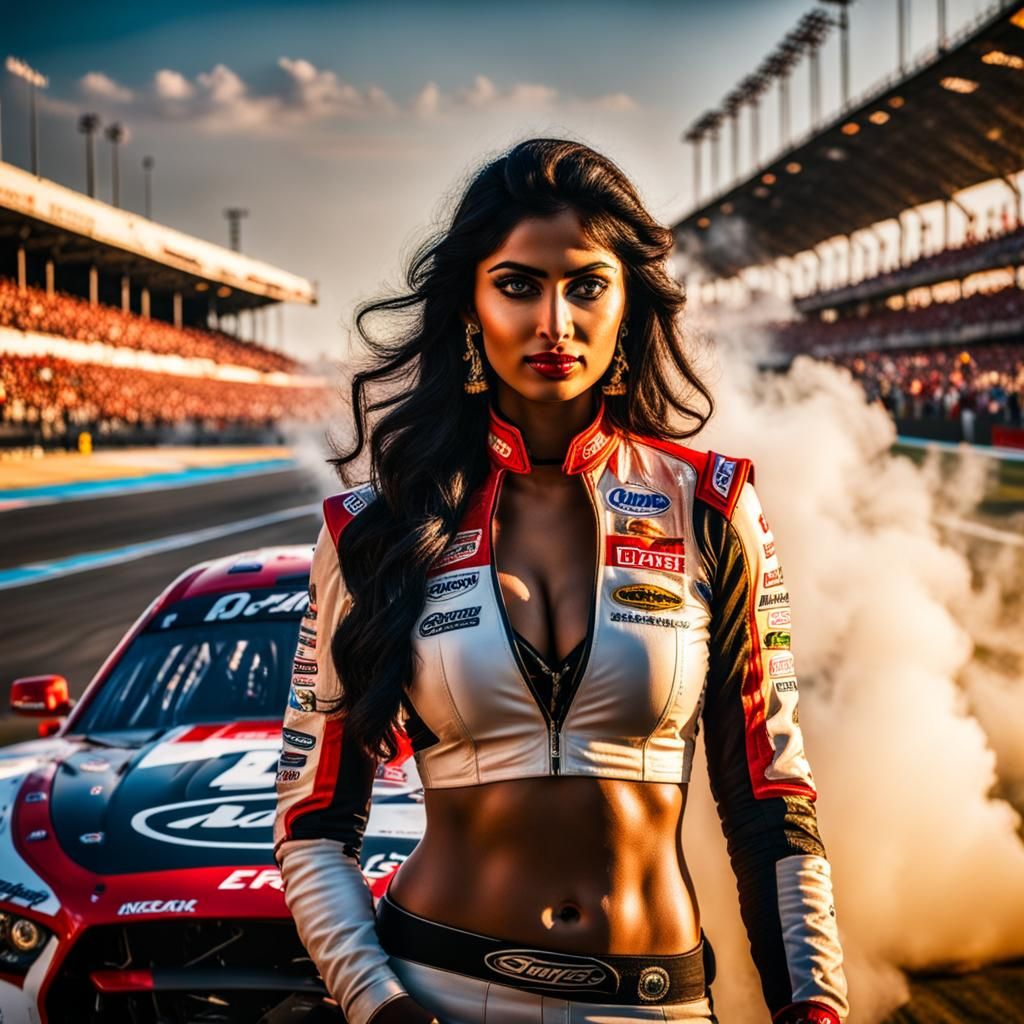 portret of open breasty nice body indian girl NASCAR driver , stempunk style cars, racing devices, a ...  by @Salvinia