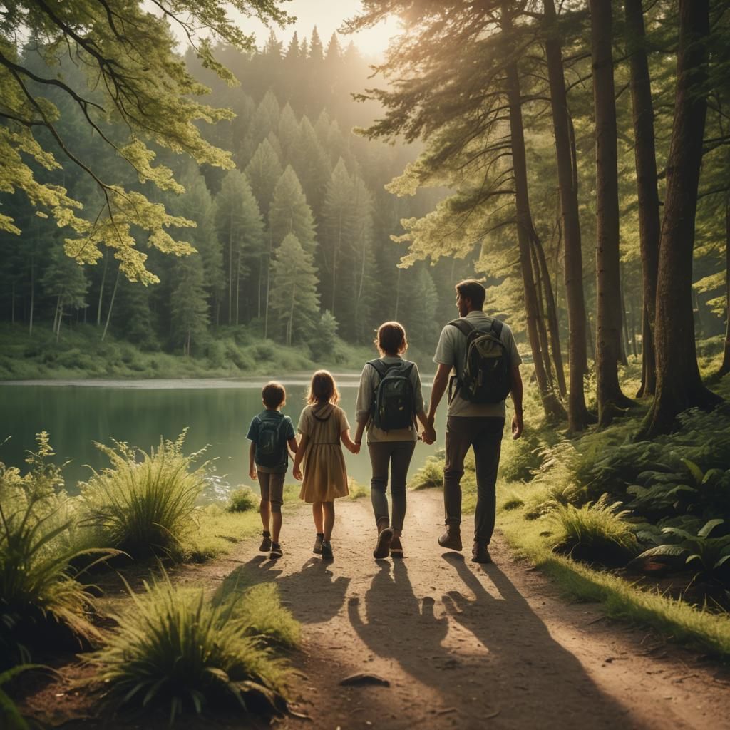 Happy family walking on a trail