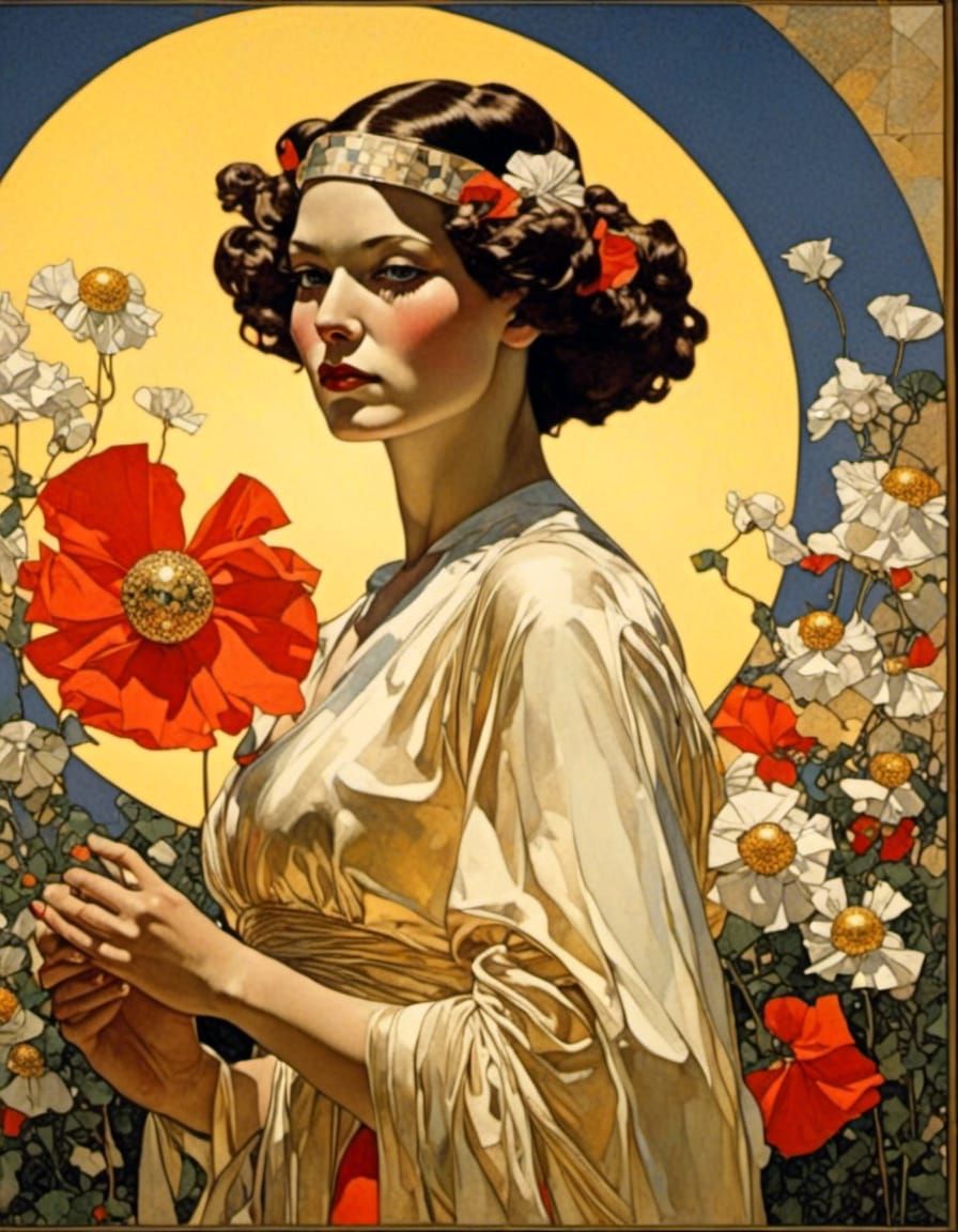 N.C. Wyeth, Olga portrait, golden shimmer, blooming poppy flowers and ...