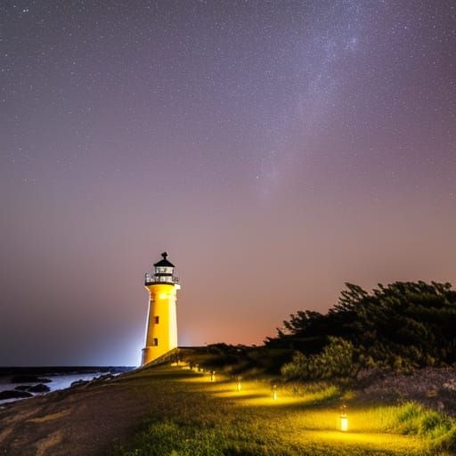 Ultrarealistic sky full of stars and lighthouse at night Pro...