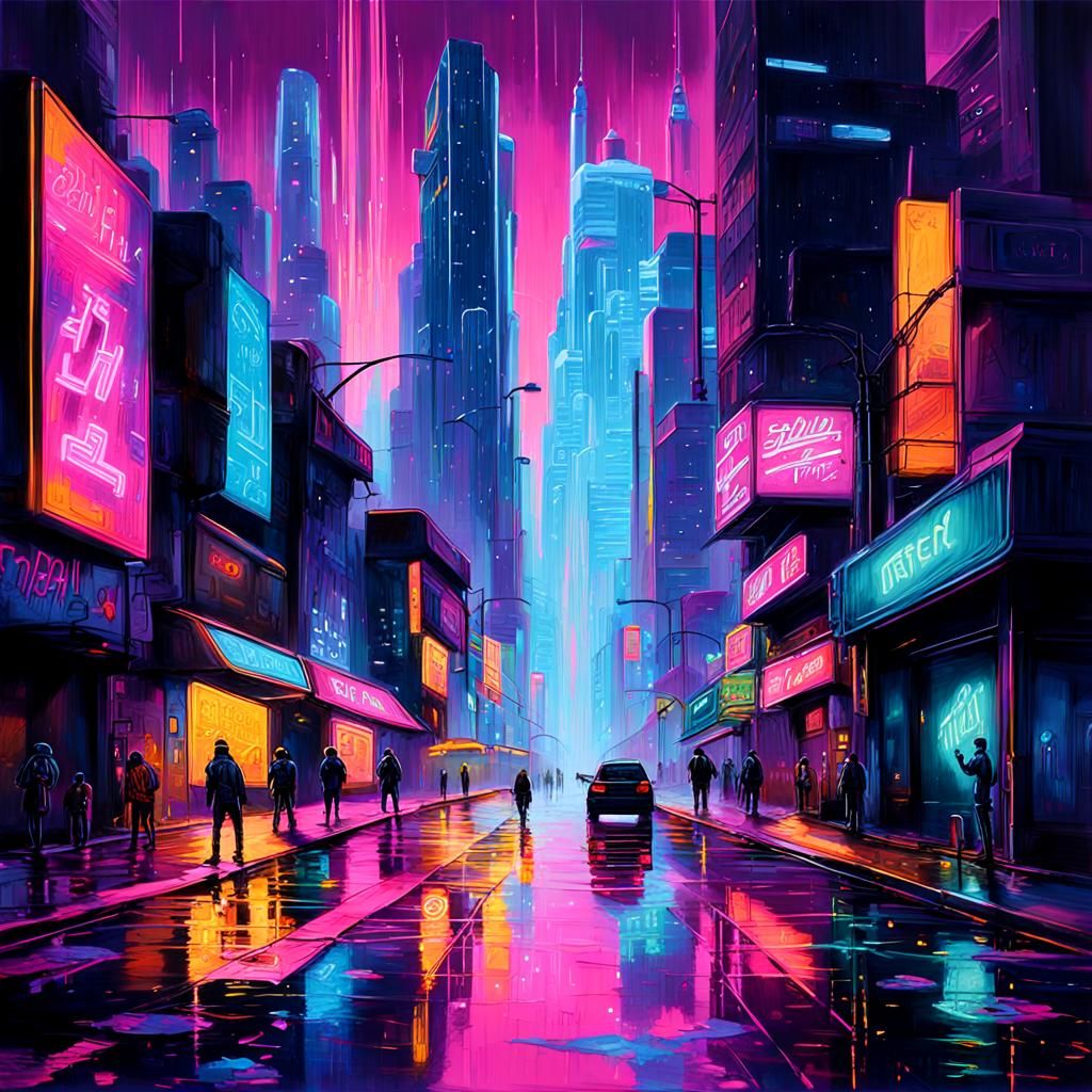 a neon-lit, futuristic city street from 2040