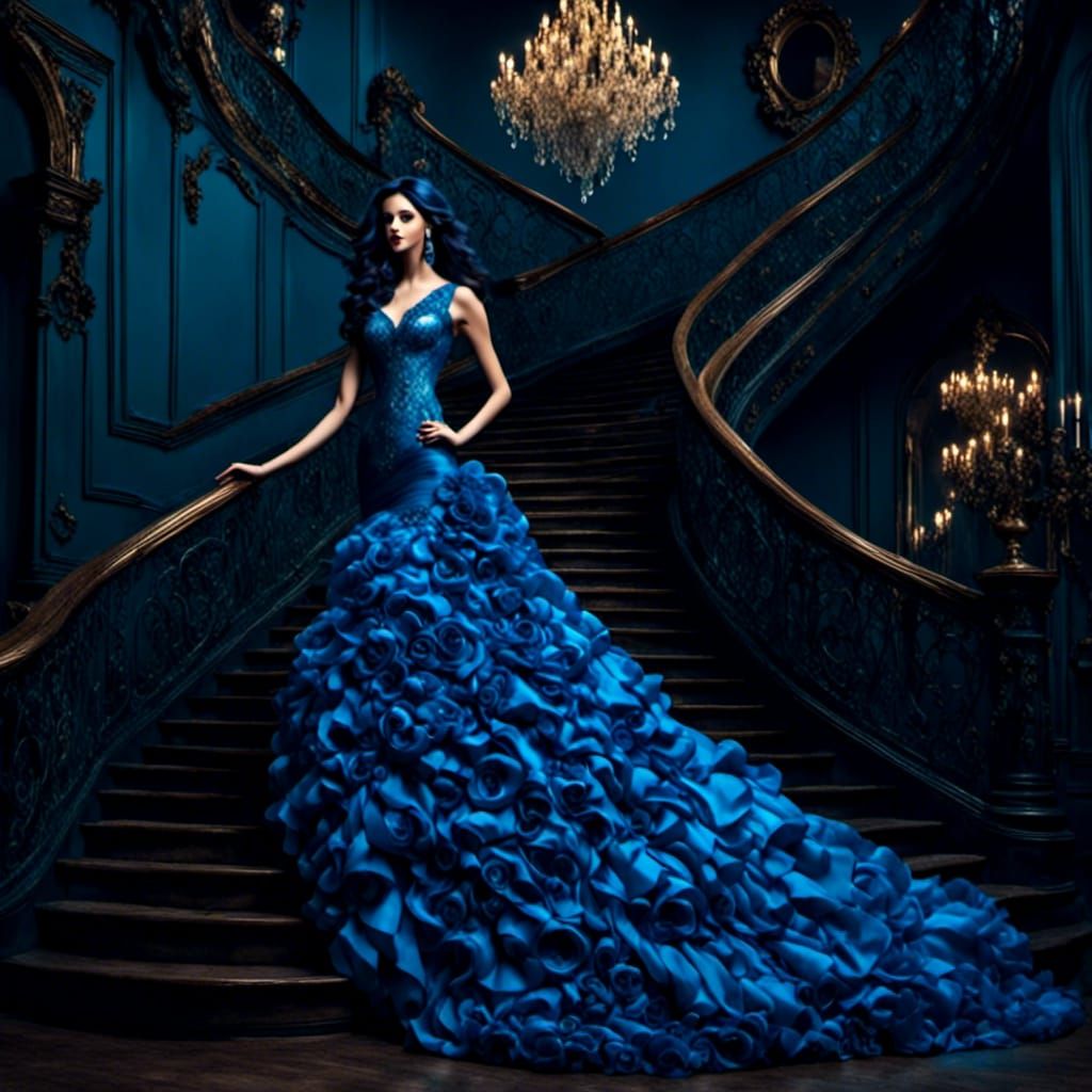 Gothic Beauty in Blue Gown with Iridescent Details