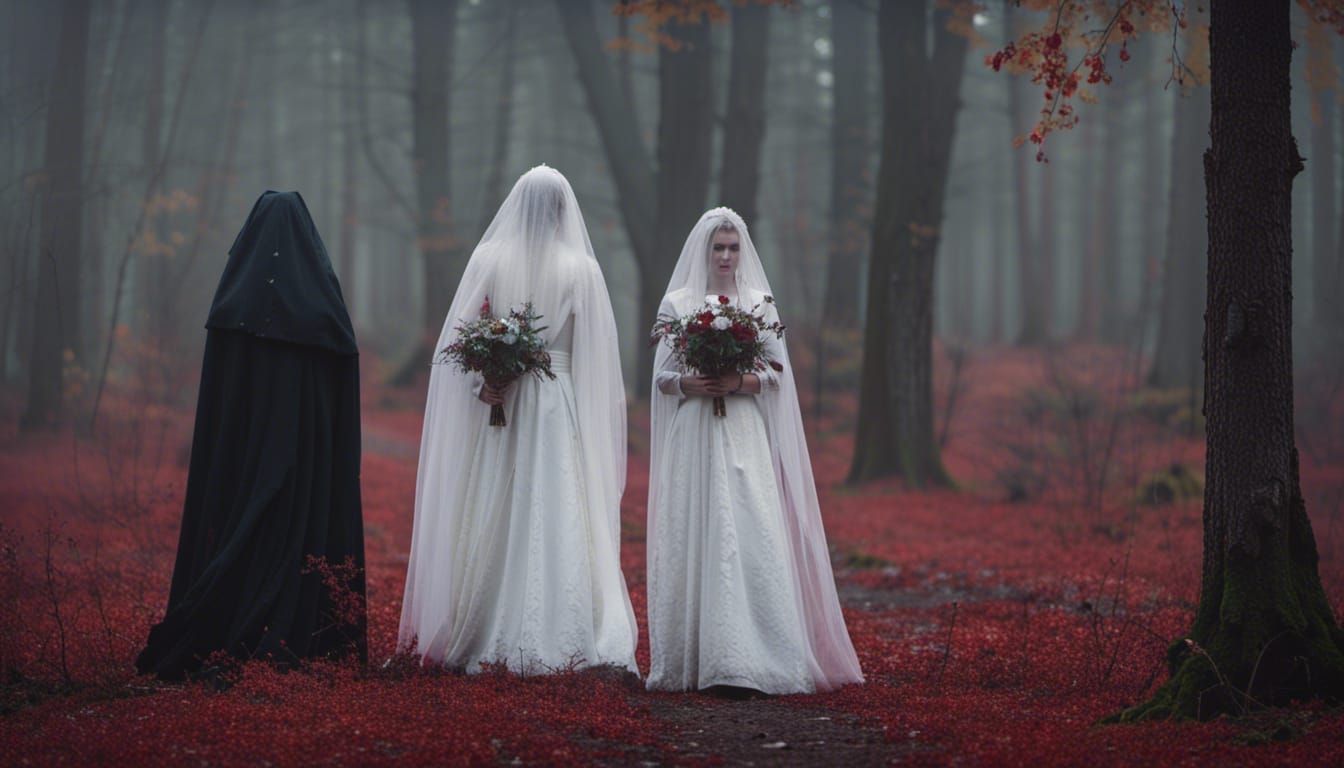 Gothic church with Pale thin brides in a haunted red forest, early morning dew moist air, formal tribute, folk, viggan, ...