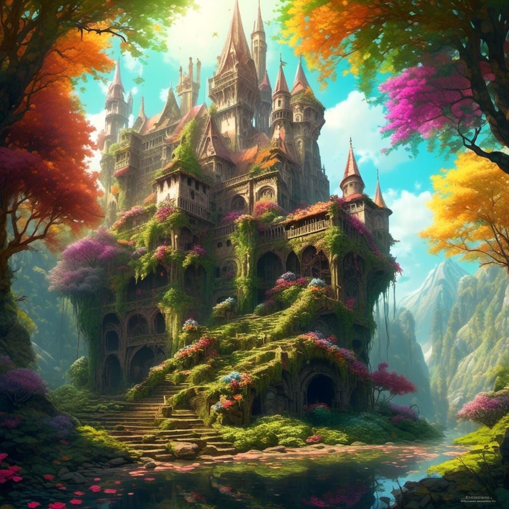 <lora:Illuminated:1.0> Elven Castle made of Glass and dark wood, foliage abounds with lush flowerscapes, 24K resolution, fine details, lines...