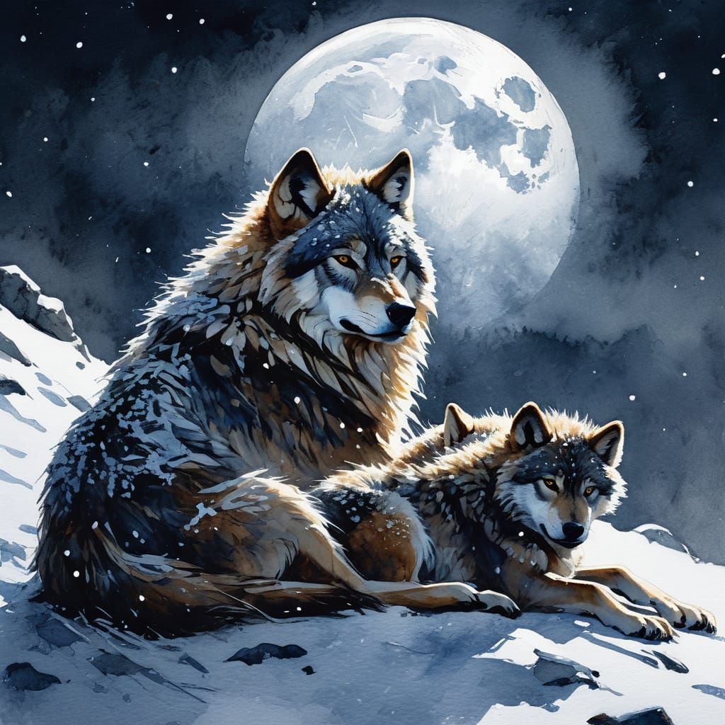 Detailed impressionist watercolor illustration of a mother wolf and her cubs sleeping together